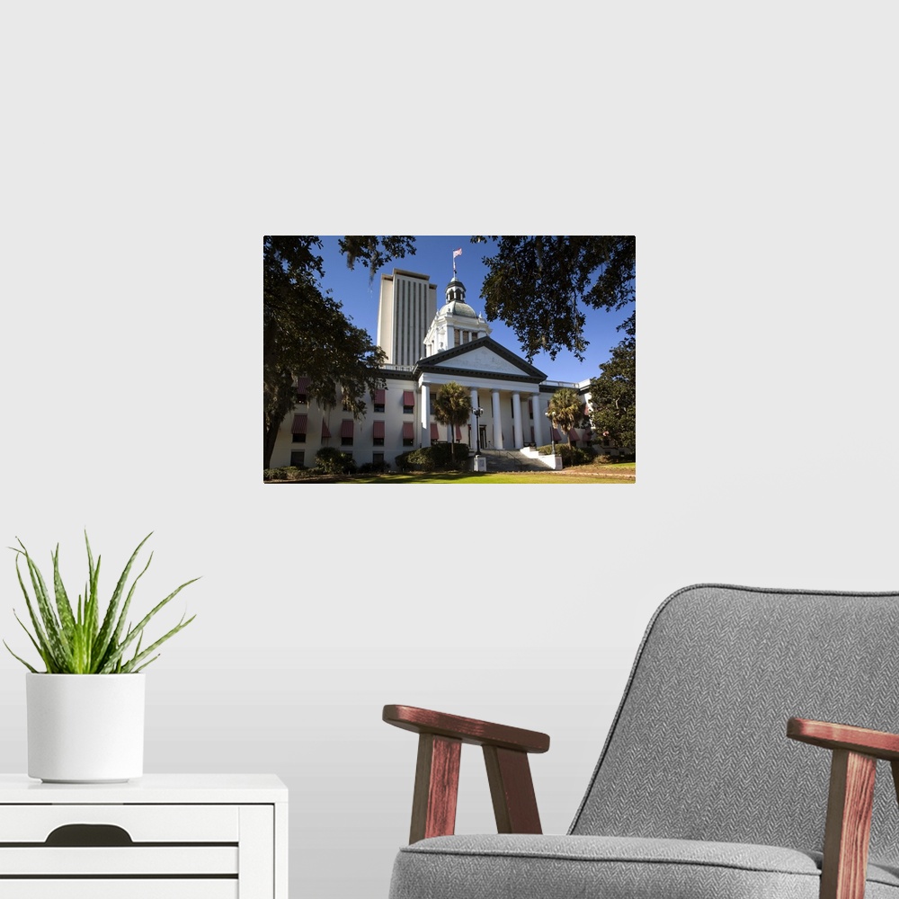 A modern room featuring USA, Florida, Tallahassee, old and new State Capitol buildings