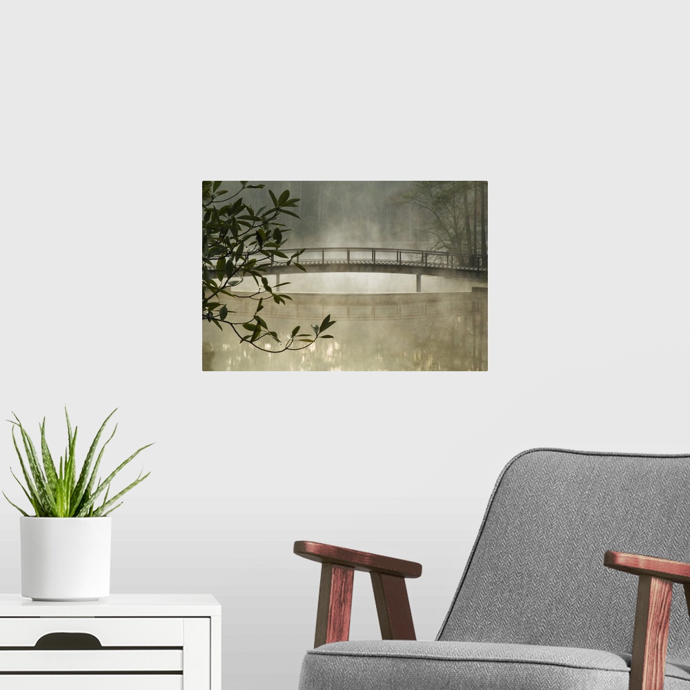 A modern room featuring USA, Georgia, Callaway Gardens, Pond in fog with bridge.  com.