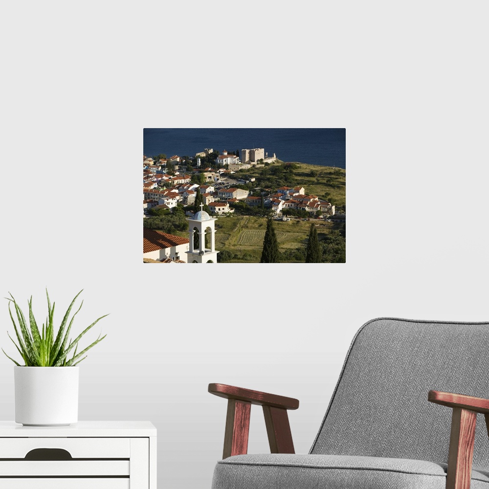 A modern room featuring GREECE-Northeastern Aegean Islands-SAMOS-Pythagorio: Town View with Belltower of the Moni Panagia...