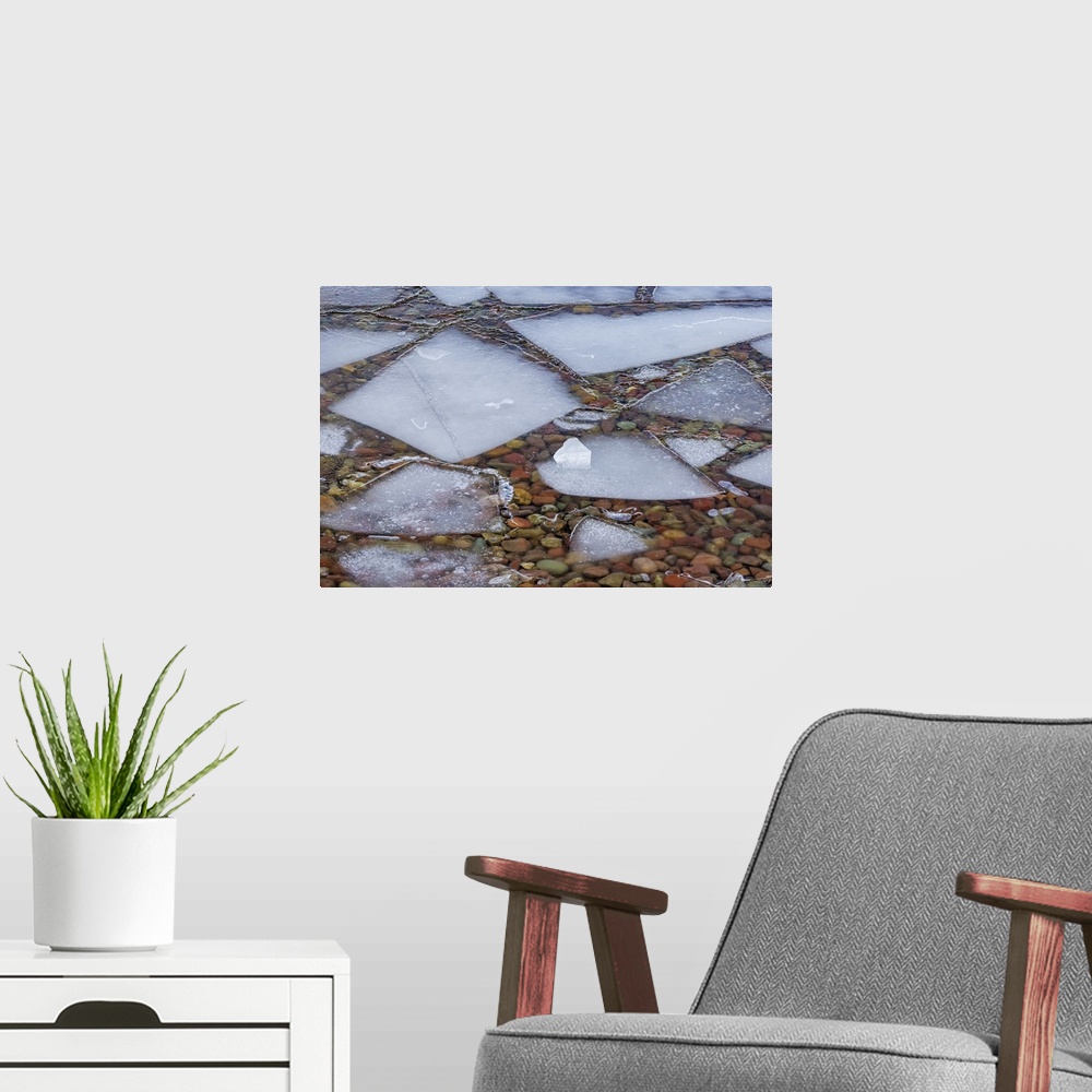 A modern room featuring Ice formations along Lake McDonald in Glacier National Park, Montana, USA.