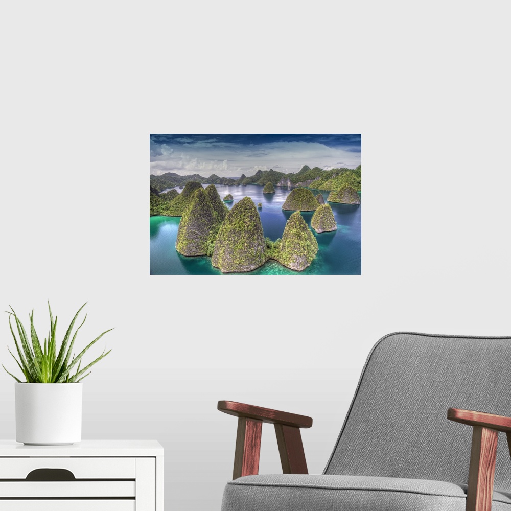 A modern room featuring Indonesia, West Papua, Raja Ampat. Wayag Island landscape.