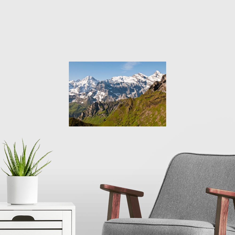 A modern room featuring Jungfrau Region, Switzerland. Jungfrau massif from Schilthorn Peak.