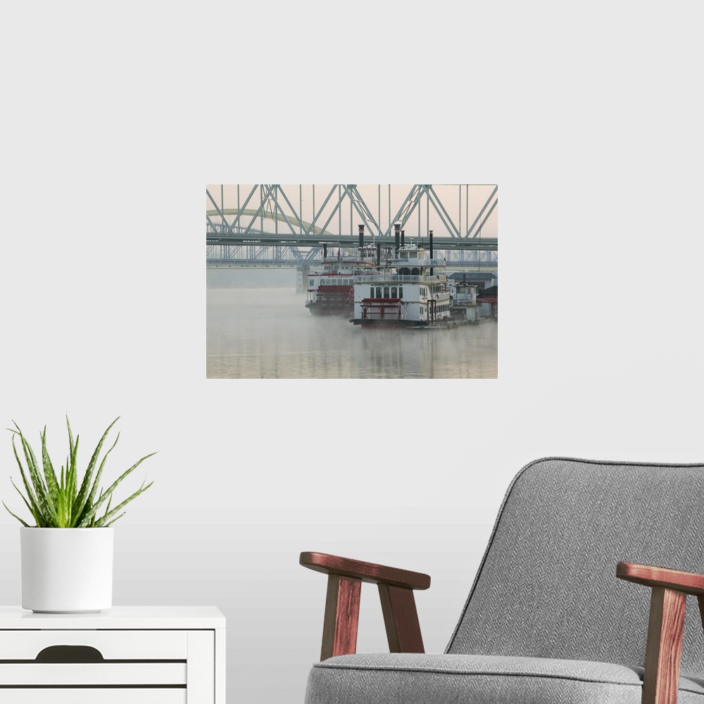 A modern room featuring USA-Kentucky-Newport:.Tall Stacks Riverboats/ Riverboat Row on the Ohio River / Dawn