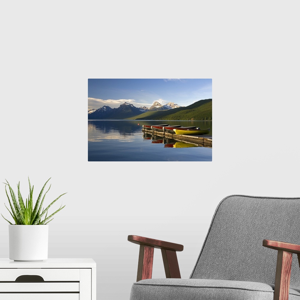 A modern room featuring Lake McDonald is the largest lake in Glacier National Park, Montana.