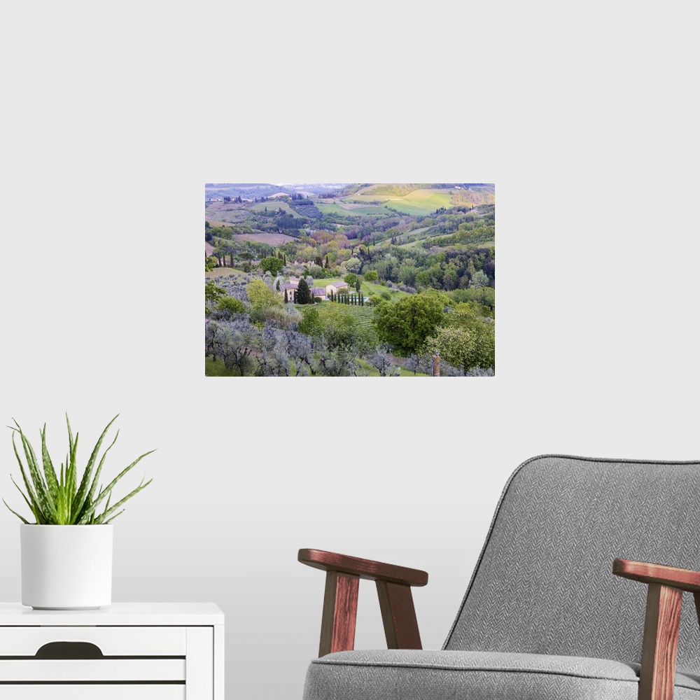 A modern room featuring Landscape view from the top of the walls of San Gimignano. Tuscany, Italy.
