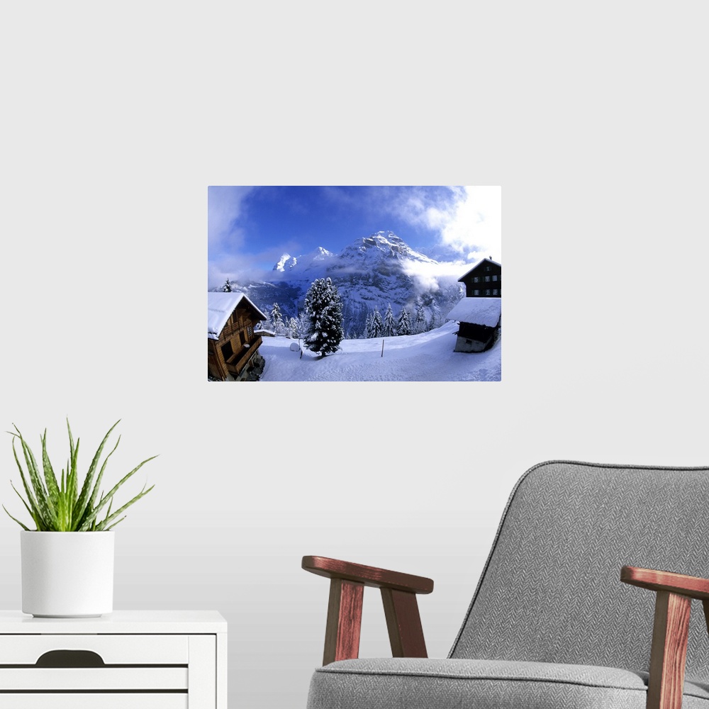 A modern room featuring Life in Switzerland beautiful snow scene in Mt Jungfrau in Murren  Switzerland