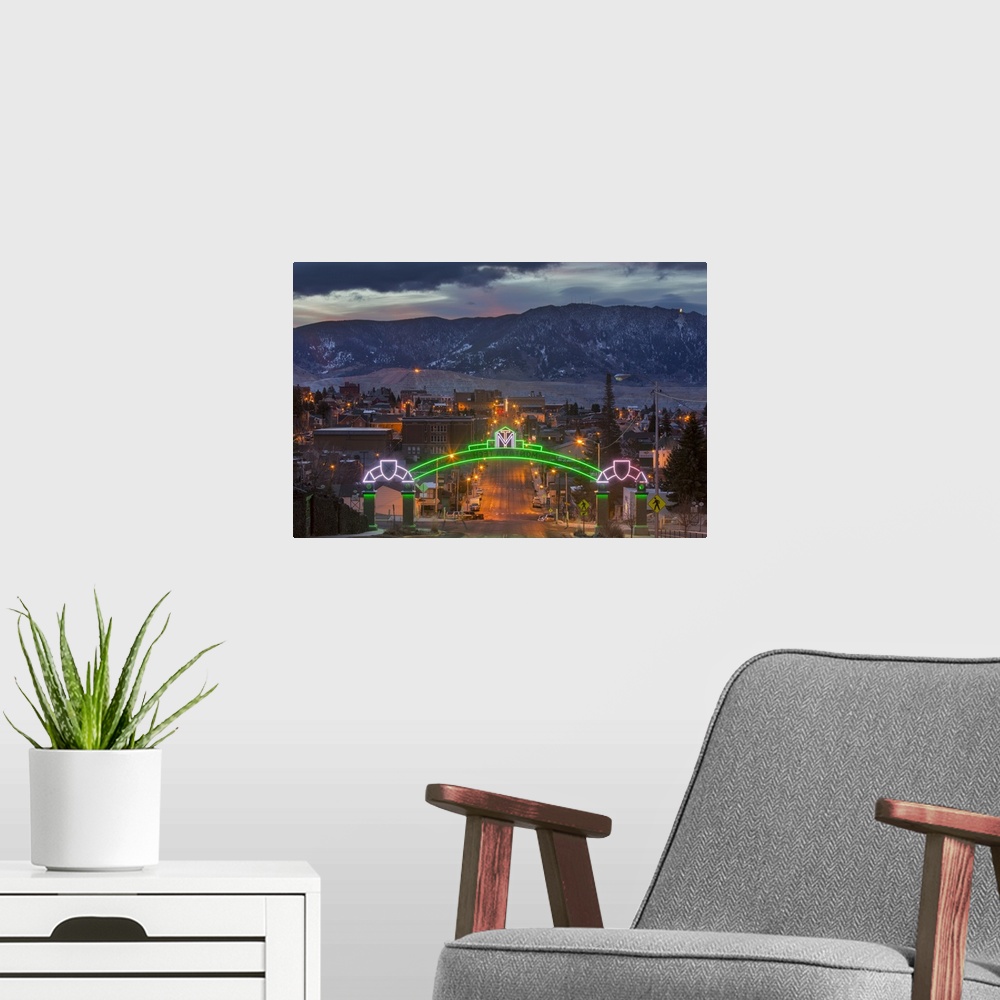 A modern room featuring Looking down Park Street from Montana Tech campus at dawn in Butte, Montana, USA