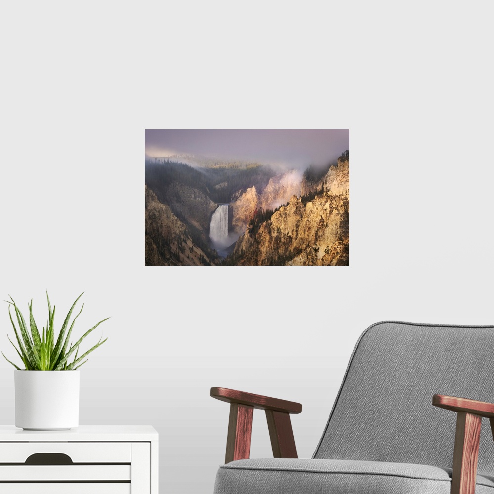 A modern room featuring Lower Falls at sunrise from Artist Point, Yellowstone National Park, Wyoming. United States, Wyom...