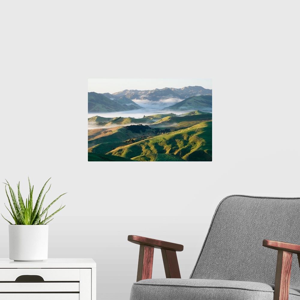 A modern room featuring Misty Farmland near Martinborough, Wairarapa, North Island, New Zealand