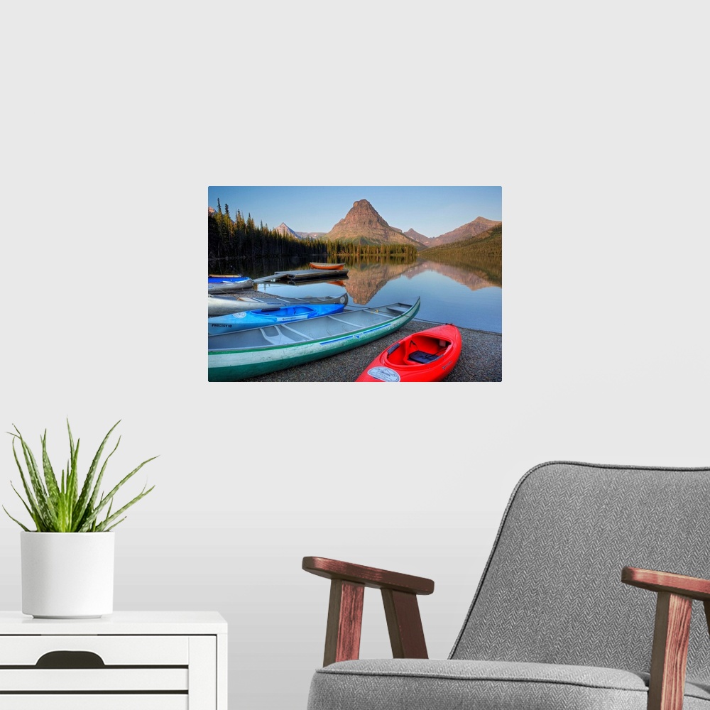 A modern room featuring MT, Glacier National Park, Two Medicine Lake and Sinopah Mountain