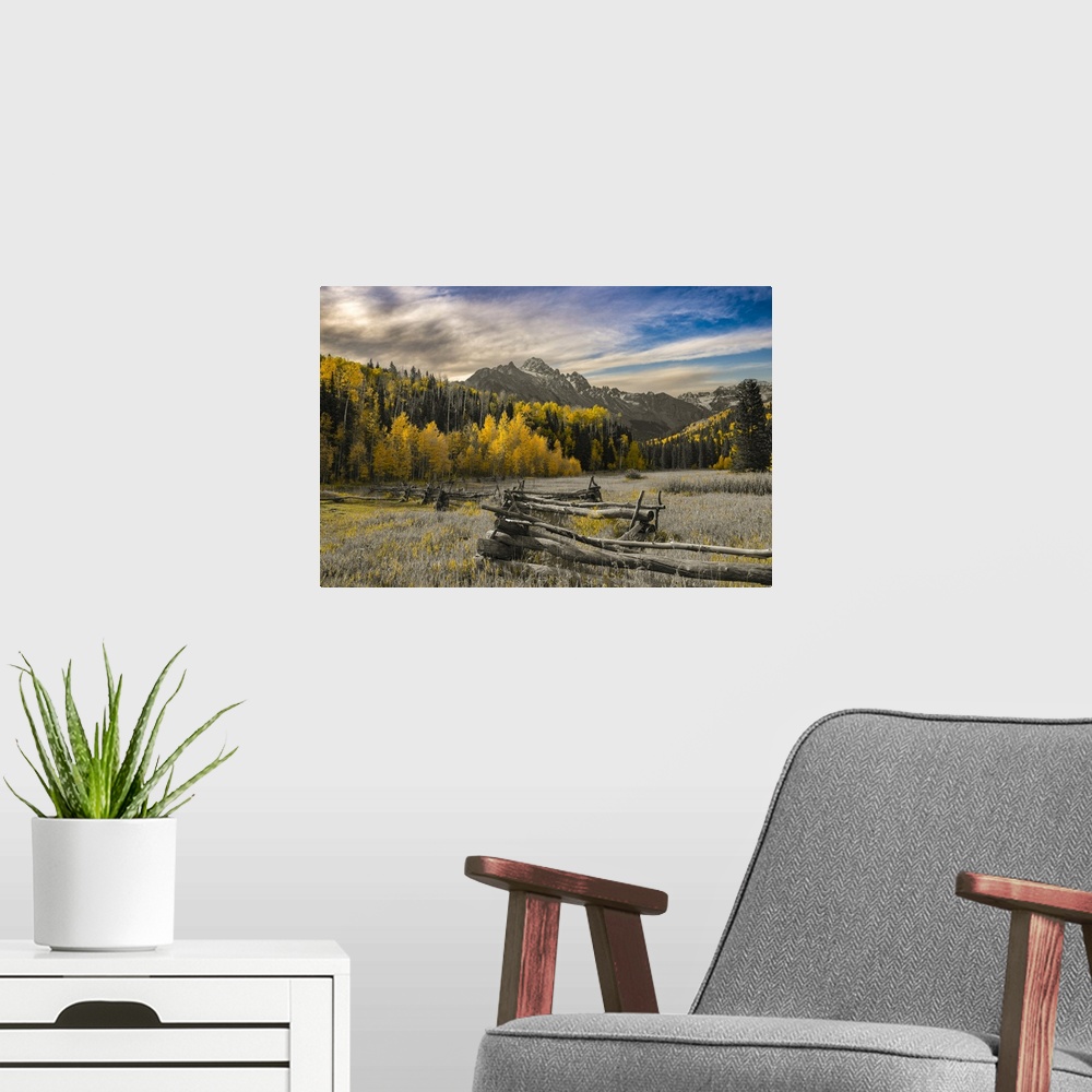 A modern room featuring Mount Sneffels. United States, Colorado.