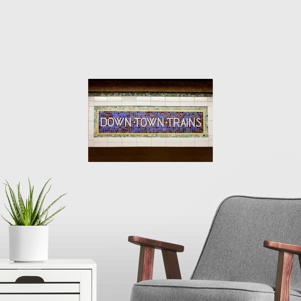 A modern room featuring New York City, New York, United States. Old tile subway signage.