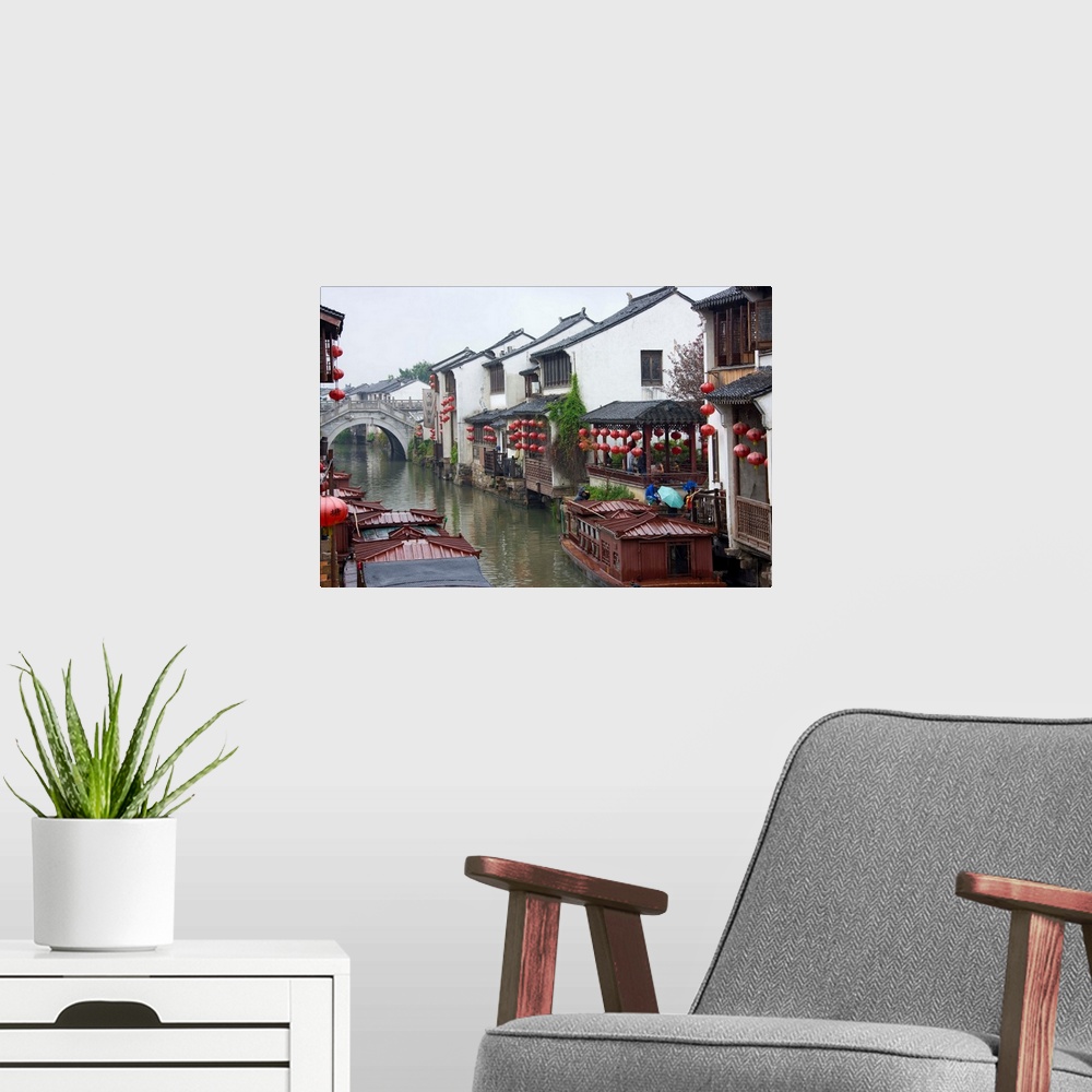 A modern room featuring Old houses along the Grand Canal in Shantang street, old town of Suzhou, Jiangsu, China