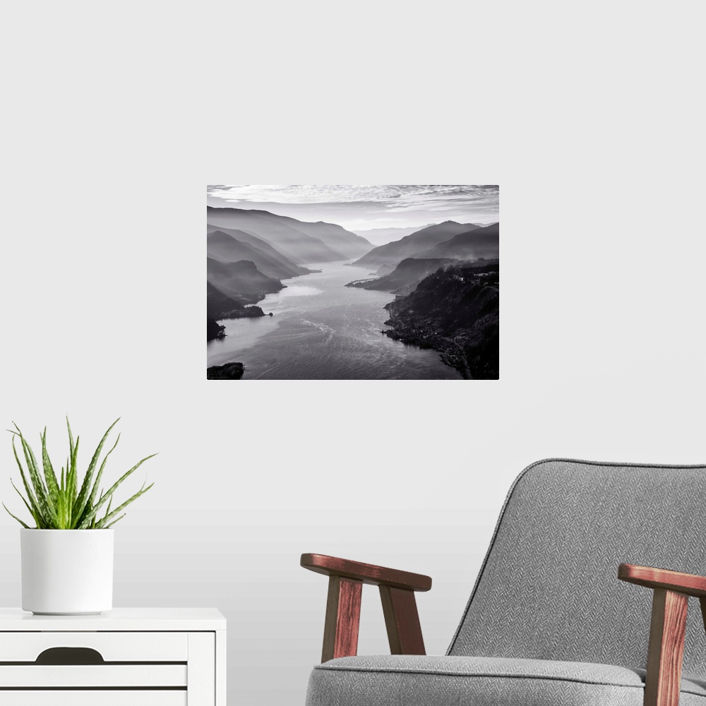 A modern room featuring USA, Oregon,  aerial landscape looking west down the Columbia Gorge.