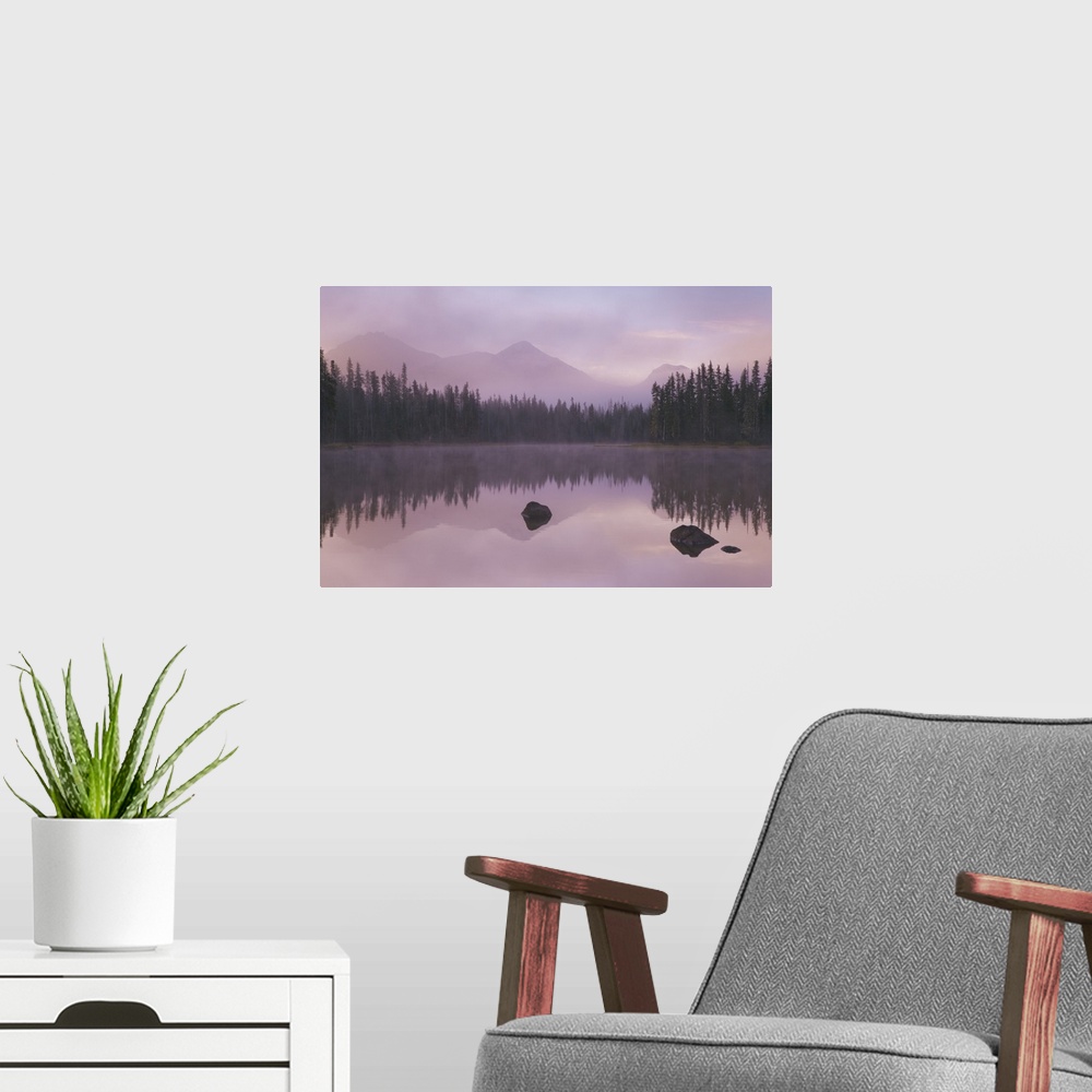 A modern room featuring USA, Oregon, Willamette National Forest. Foggy sunrise on Scott Lake and Three Sisters mountains.