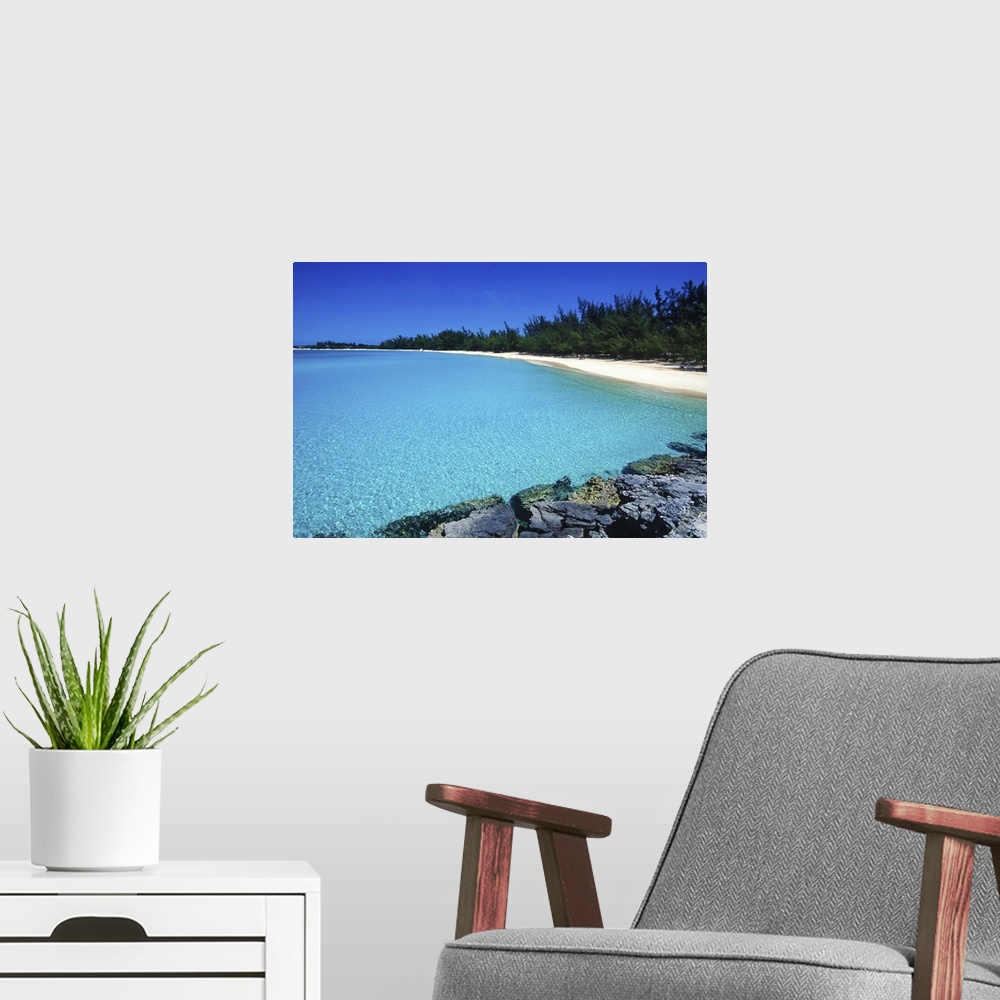 A modern room featuring Pristine beach, Fernandez Bay, Cat Island, Bahamas.