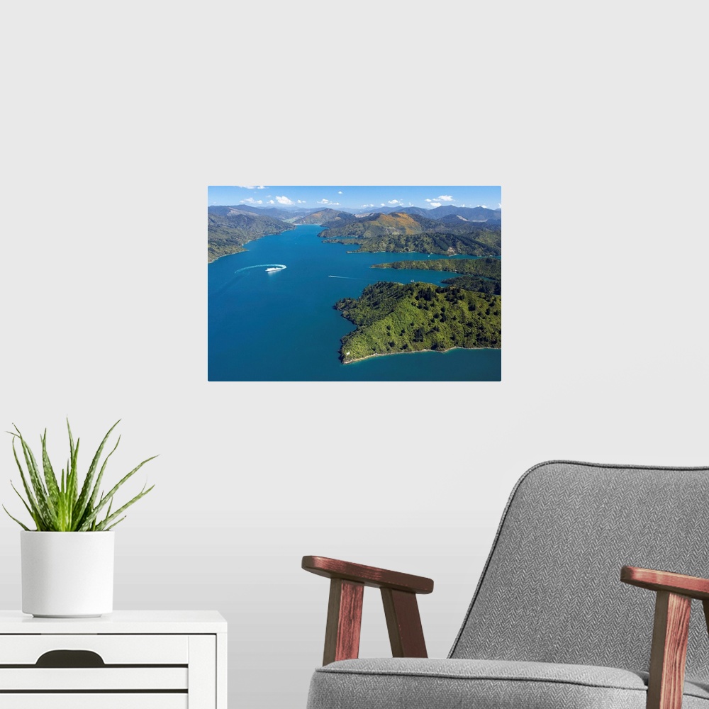 A modern room featuring Queen Charlotte Sound, Marlborough Sounds, South Island, New Zealand - aerial