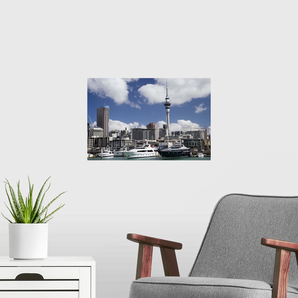 A modern room featuring Skytower, CBD, Viaduct Basin and Superyachts, Auckland, North Island, New Zealand