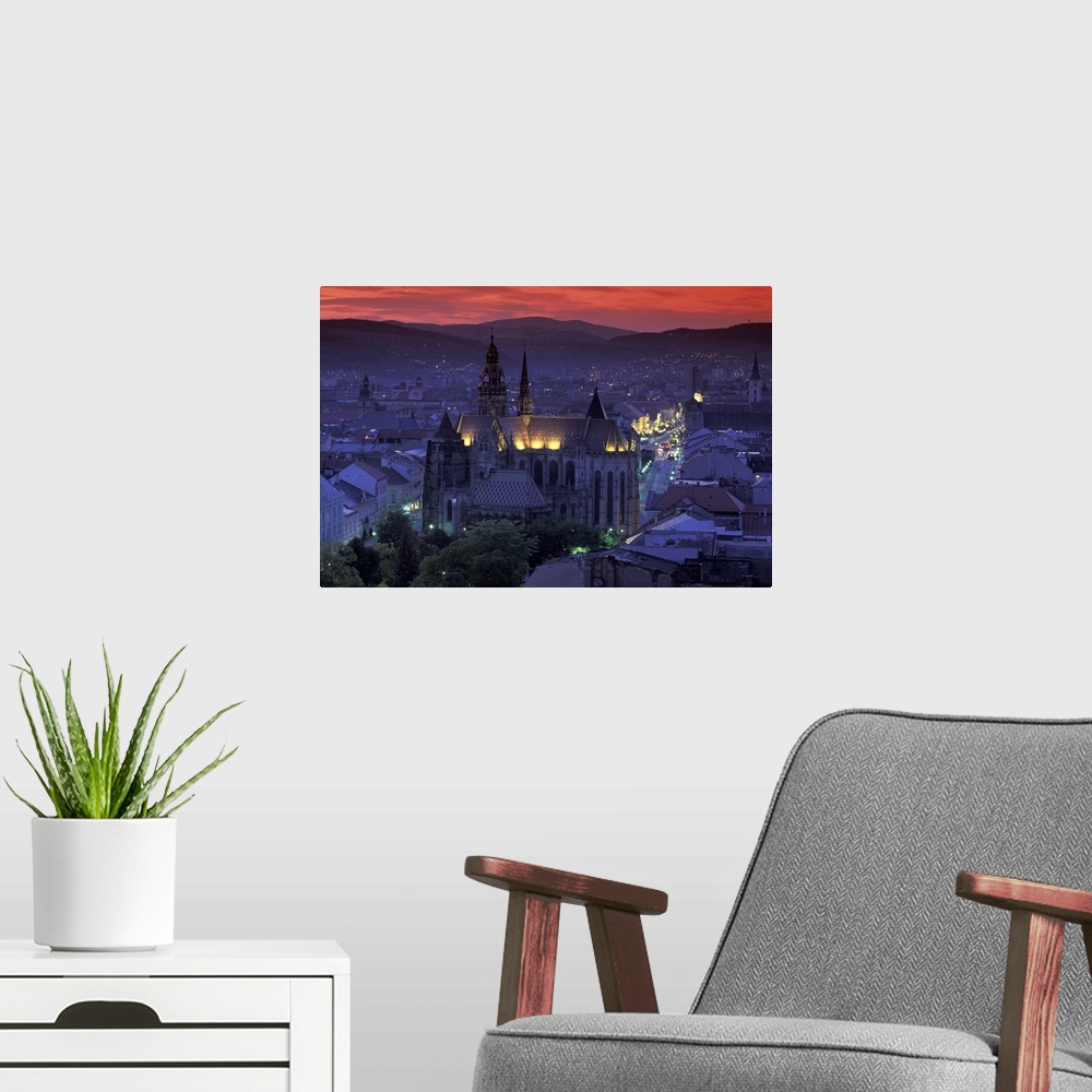 A modern room featuring Europe, Slovakia, Kosice. Cathedral of St. Elizabeth and town view at dusk