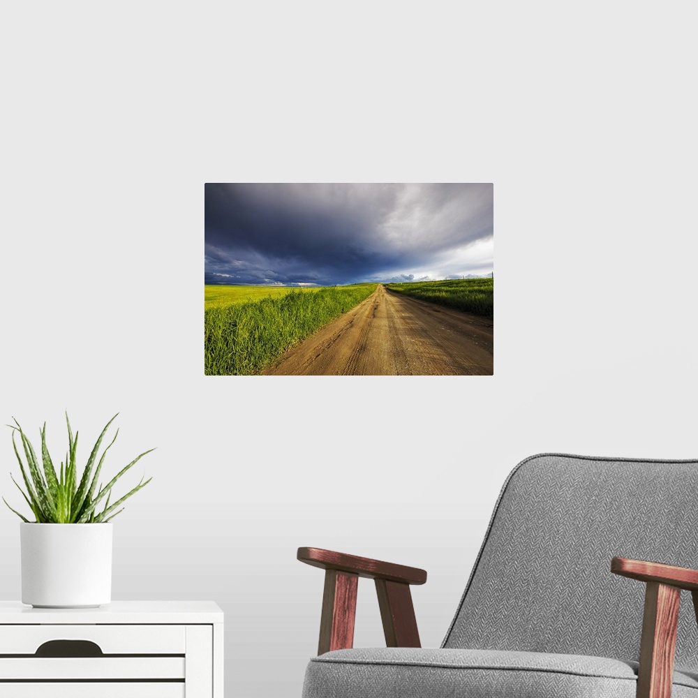 A modern room featuring Storm clouds over West Spring Creek Road in the Flathead Valley, Montana, USA.