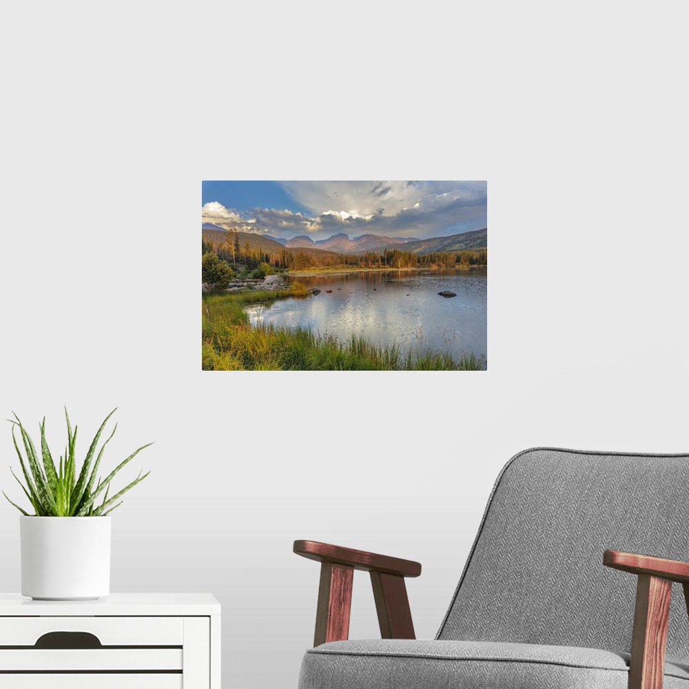 A modern room featuring USA, North America, Colorado. Sunrise On Hallett Peak And Flattop Mountain Above Sprague Lake In ...