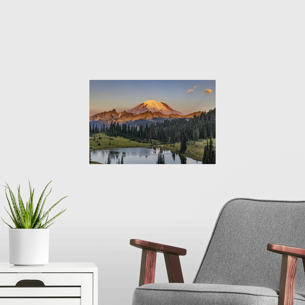 A modern room featuring Sunrise over Tipsoo Lake in Mount Rainier National Park, Washington State, USA.
