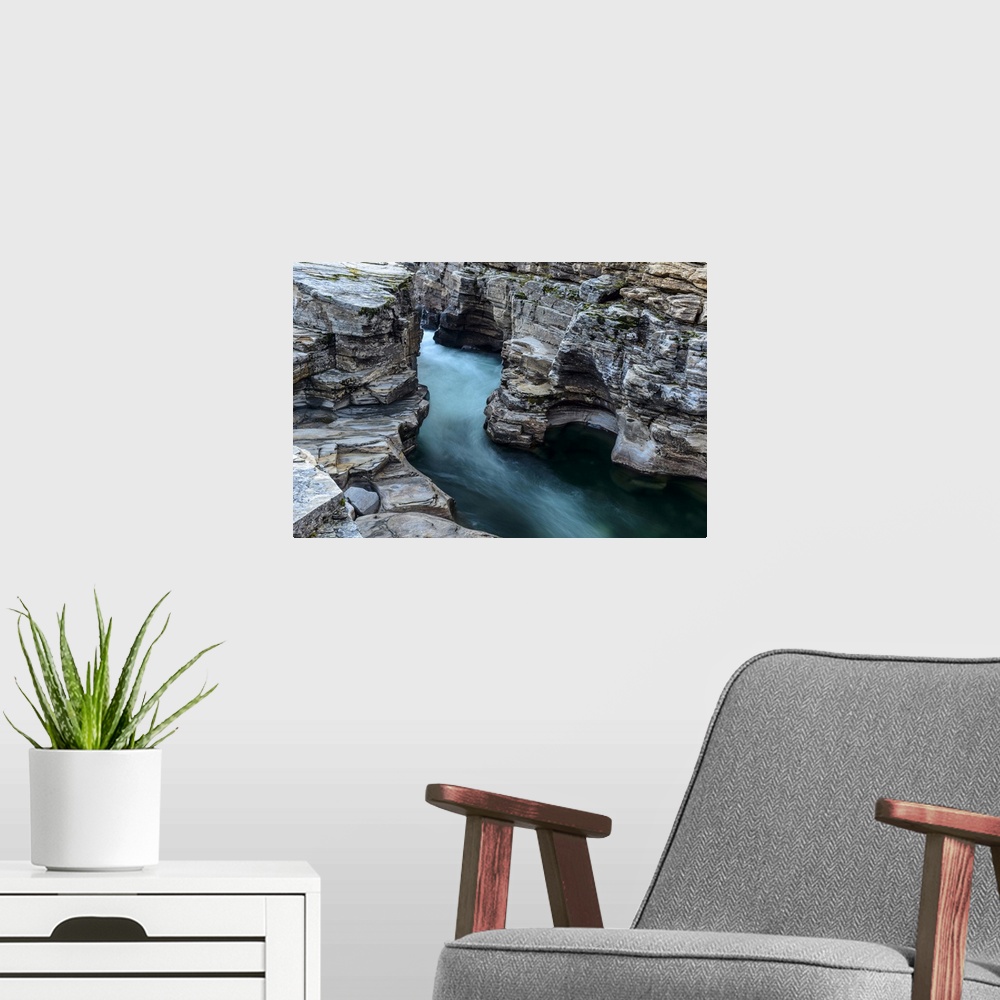 A modern room featuring Sweden, Norrbotten, Abisko. Abisko river flows through a canyon of sedimentary rock.