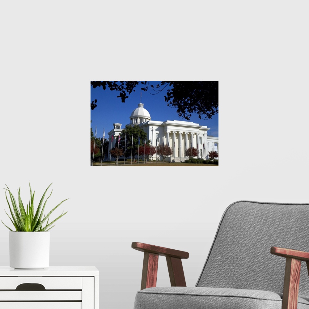 A modern room featuring The Alabama State Capitol Building located on Goat Hill in Montgomery, Alabama, USA.