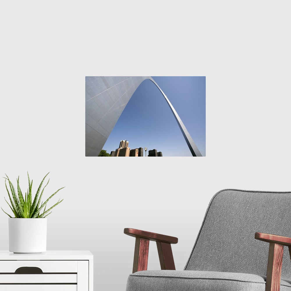 A modern room featuring USA, Missouri, St. Louis. The St. Louis, Missouri, skyline is drawfed by the Gateway Arch, part o...