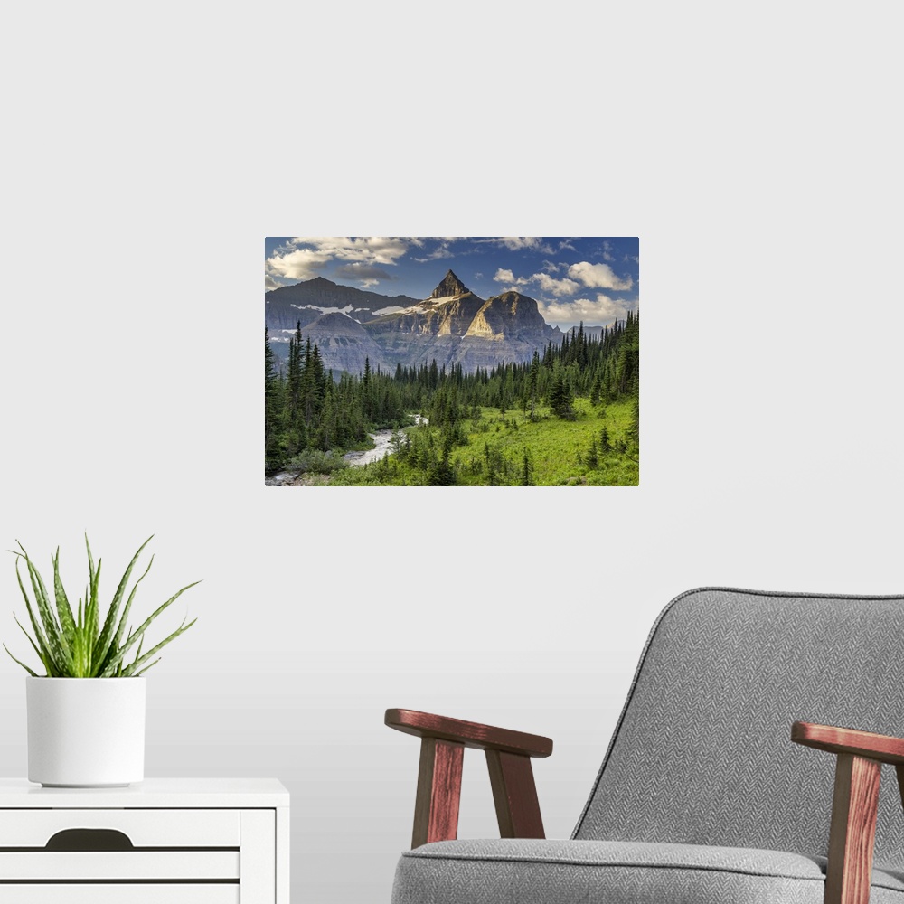 A modern room featuring Thunderbird Mountain over Hole in the Wall Creek in Glacier National Park, Montana, USA.