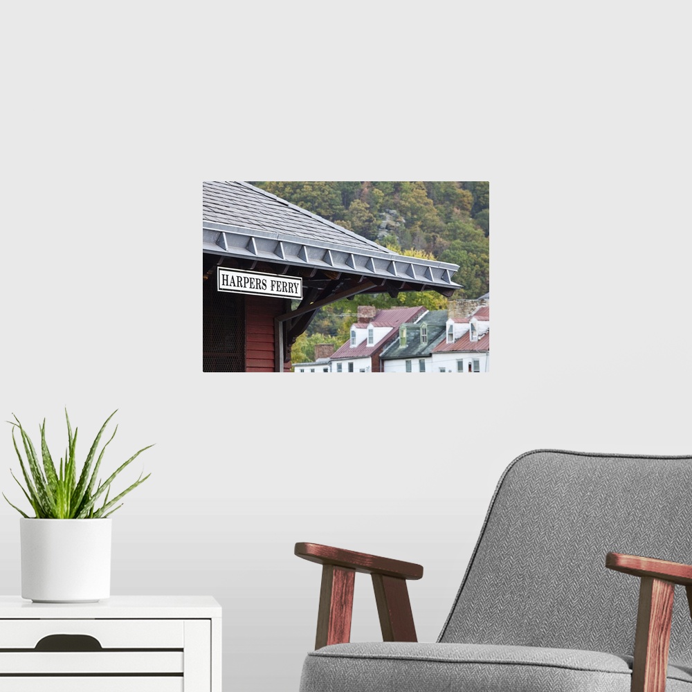 A modern room featuring USA, West Virginia, Harpers Ferry. Harpers Ferry National Historic Park, train station sign.