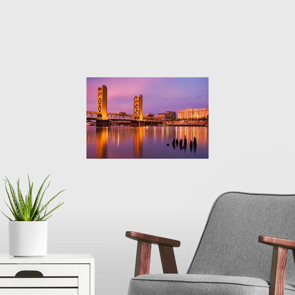 A modern room featuring USA, California, Sacramento. Sacramento River and Tower Bridge at sunset.
