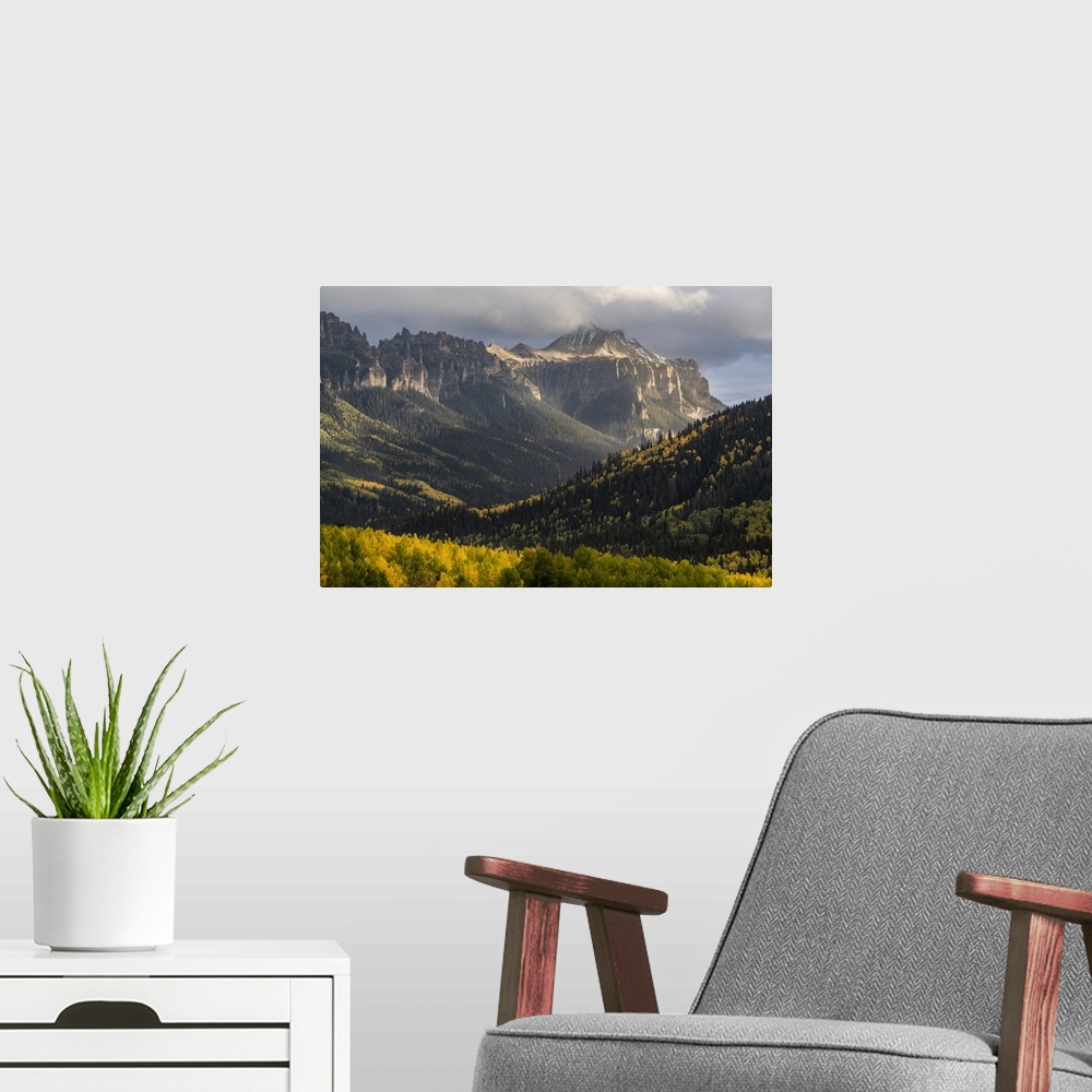 A modern room featuring USA, Colorado, Uncompahgre National Forest. Rainstorm over Pinnacle Ridge in autumn. United State...