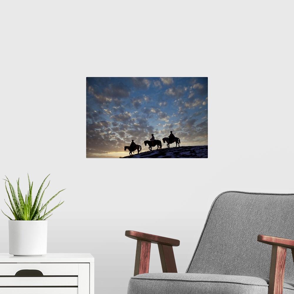 A modern room featuring USA, Shell, Wyoming, Hideout Ranch, Cowboys And Cowgirls Silhouetted, Sunset