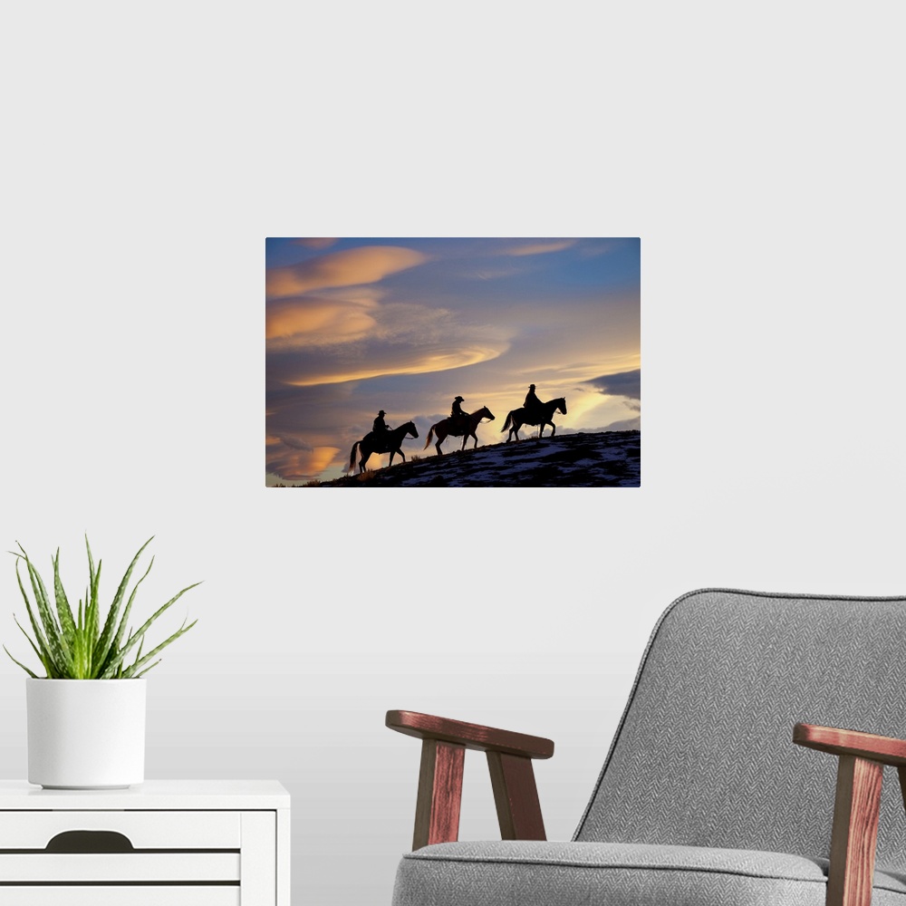 A modern room featuring USA, Shell, Wyoming, Hideout Ranch, Cowboys And Cowgirls Silhouetted, Sunset