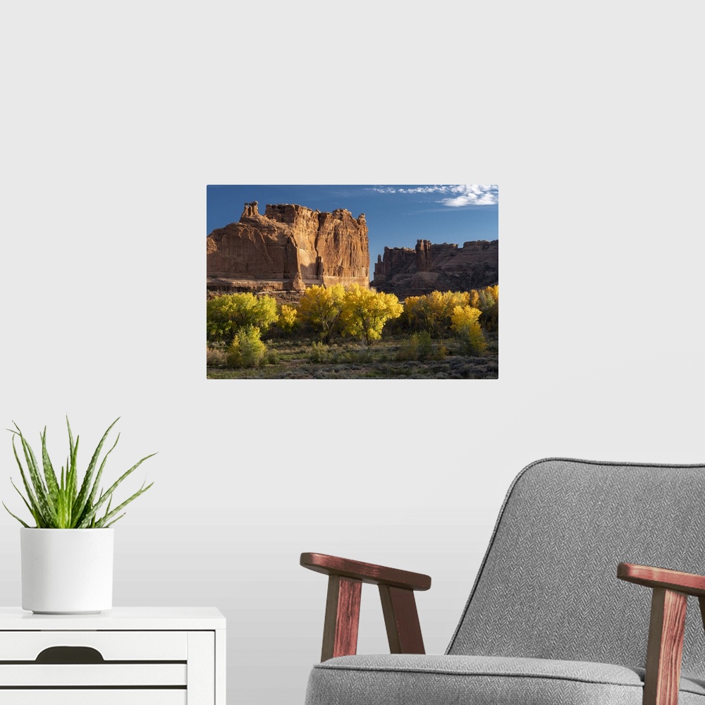 A modern room featuring USA, Utah. Autumn cottonwoods and the Three Gossips at sunset, Arches National Park.