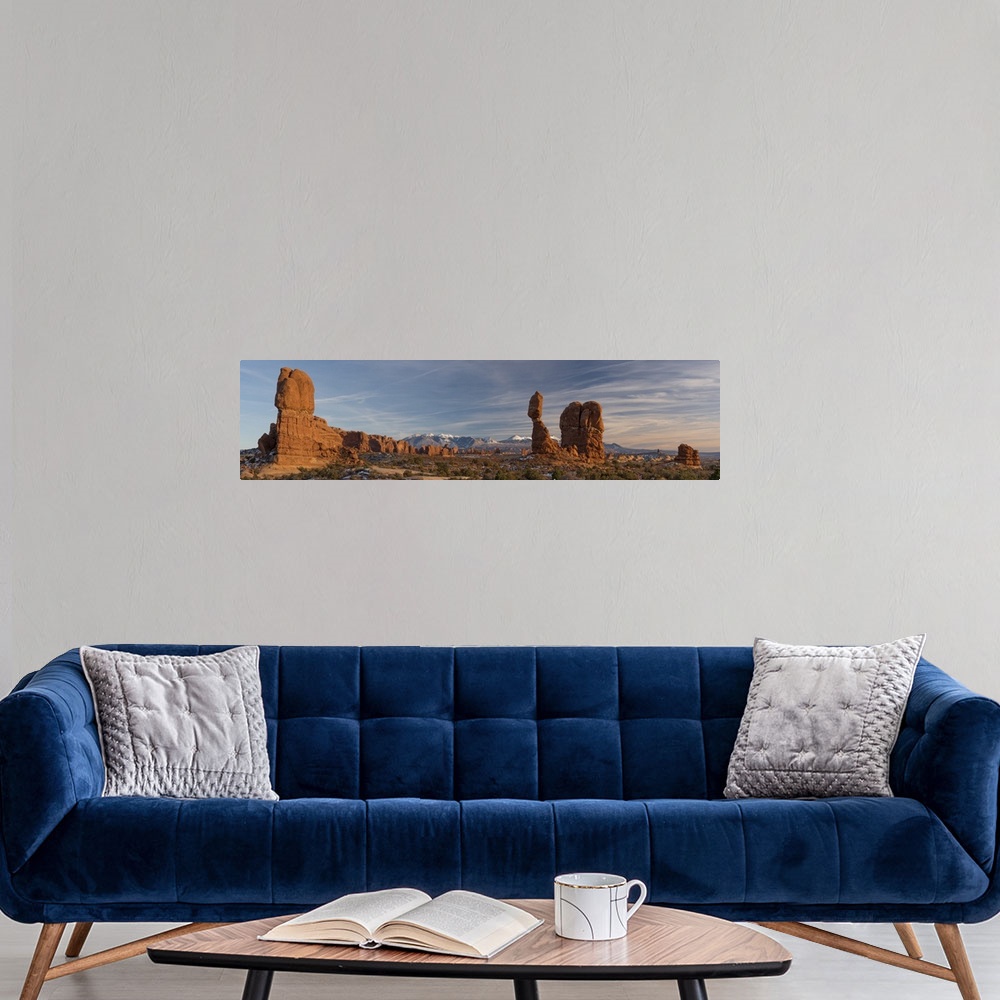 A modern room featuring USA, Utah, Panoramic Image Of Balanced Rock At Sunset, Arches National Park