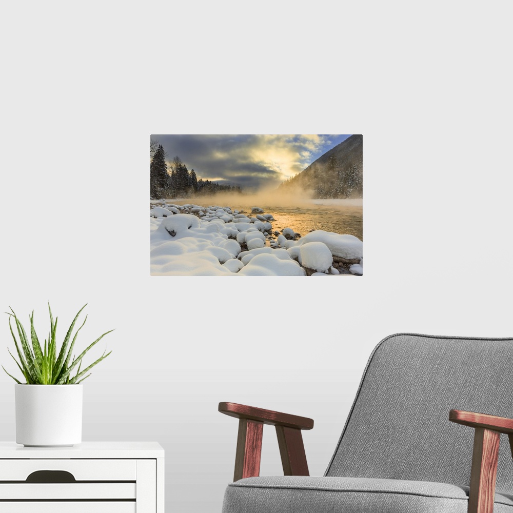 A modern room featuring Very cold sunrise over the South Fork of the Flathead River in Hungry Horse, Montana, USA
