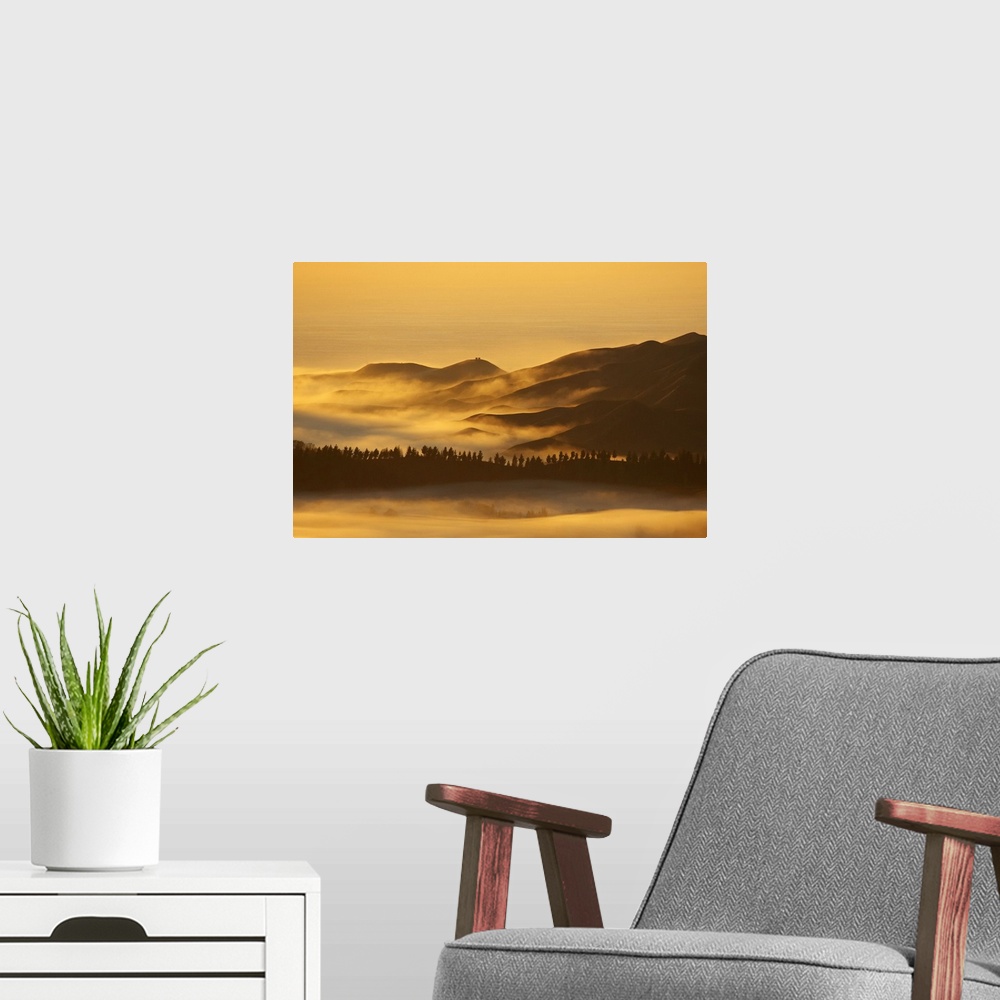 A modern room featuring View from Te Mata Peak and Early Light on Morning Mist, Hawkes Bay, North Island, New Zealand