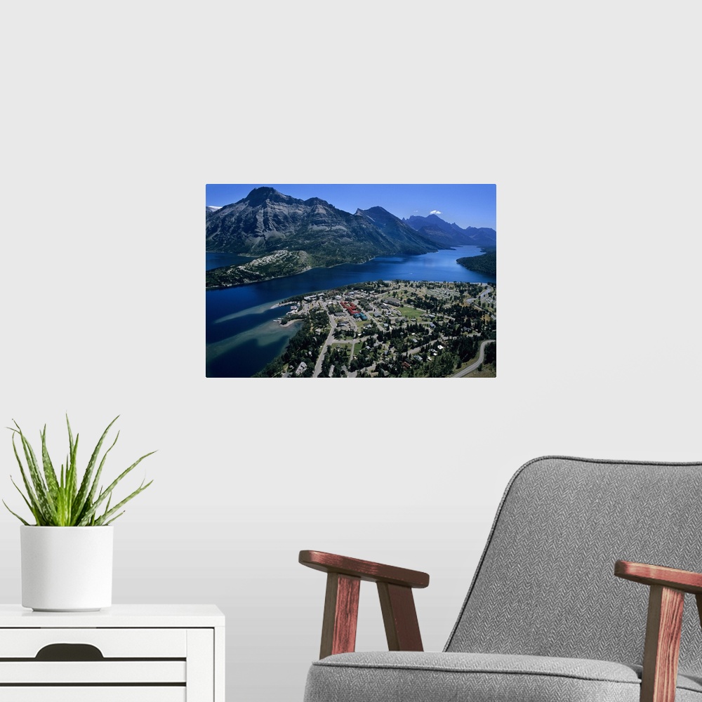 A modern room featuring Waterton Townsite and Waterton Lake viewed from Bear's Hump in Waterton Lakes National Park, Albe...