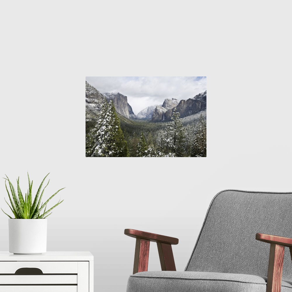 A modern room featuring Yosemite Valley in winter, Yosemite National Park, California.