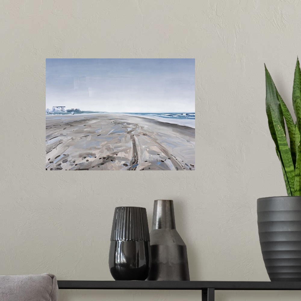 A modern room featuring Contemporary painting of a beach with tire tracks imprinted in the sand.