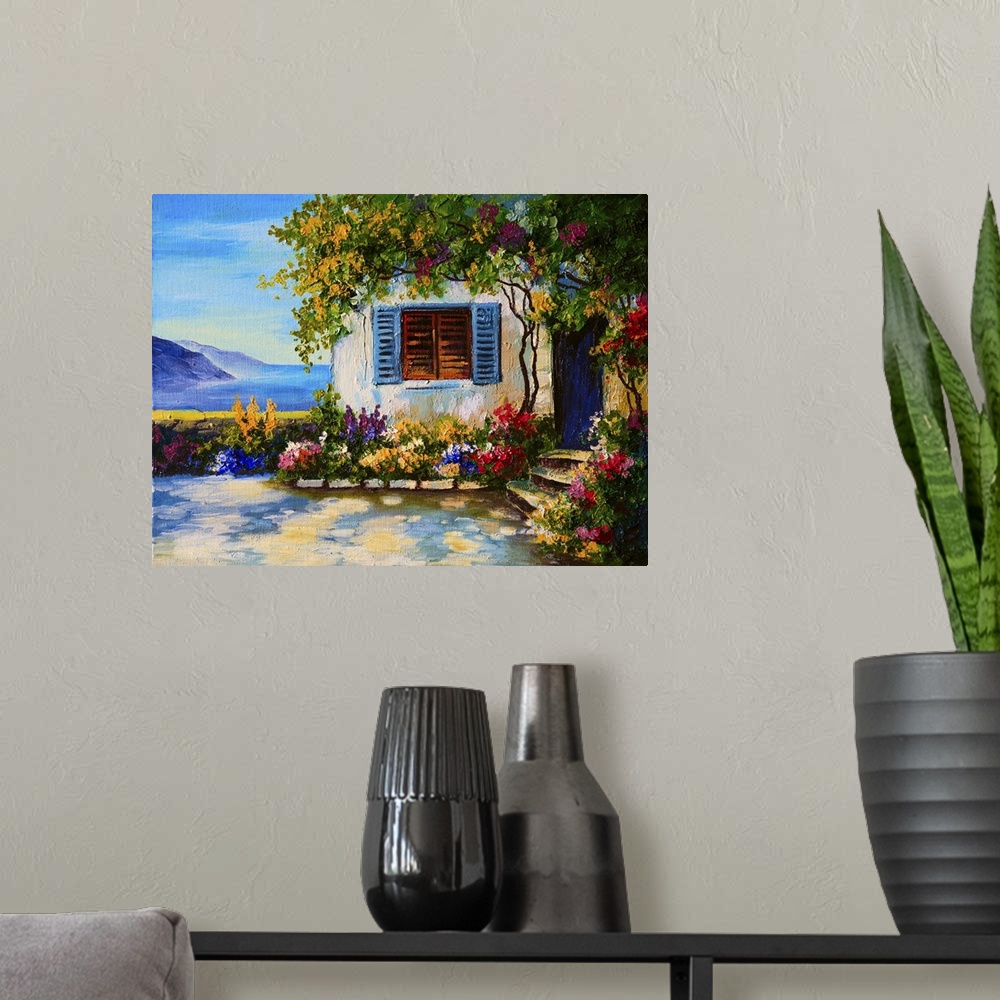 A modern room featuring Originally an oil painting on canvas of beautiful houses near the sea, abstract drawing.