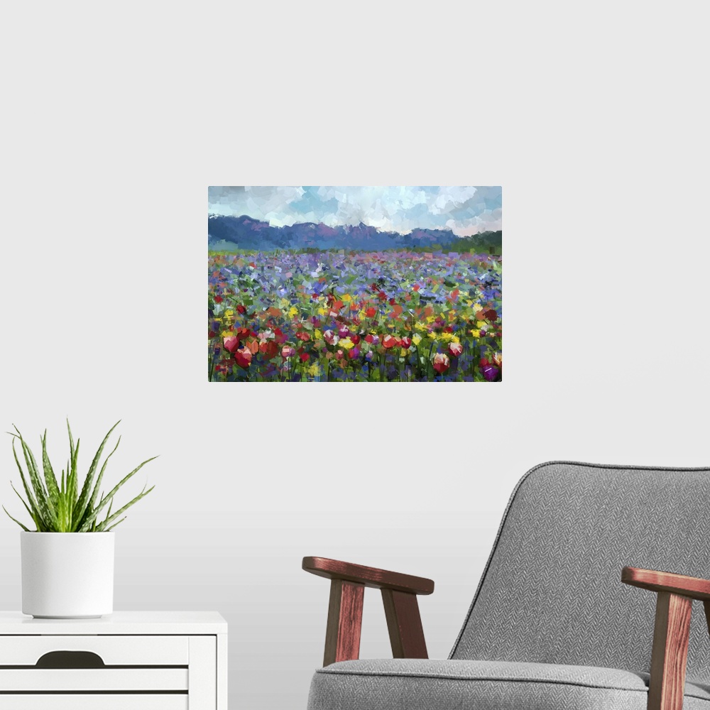 A modern room featuring Originally an oil painting of a colorful spring summer rural landscape. Abstract tulips flowers b...