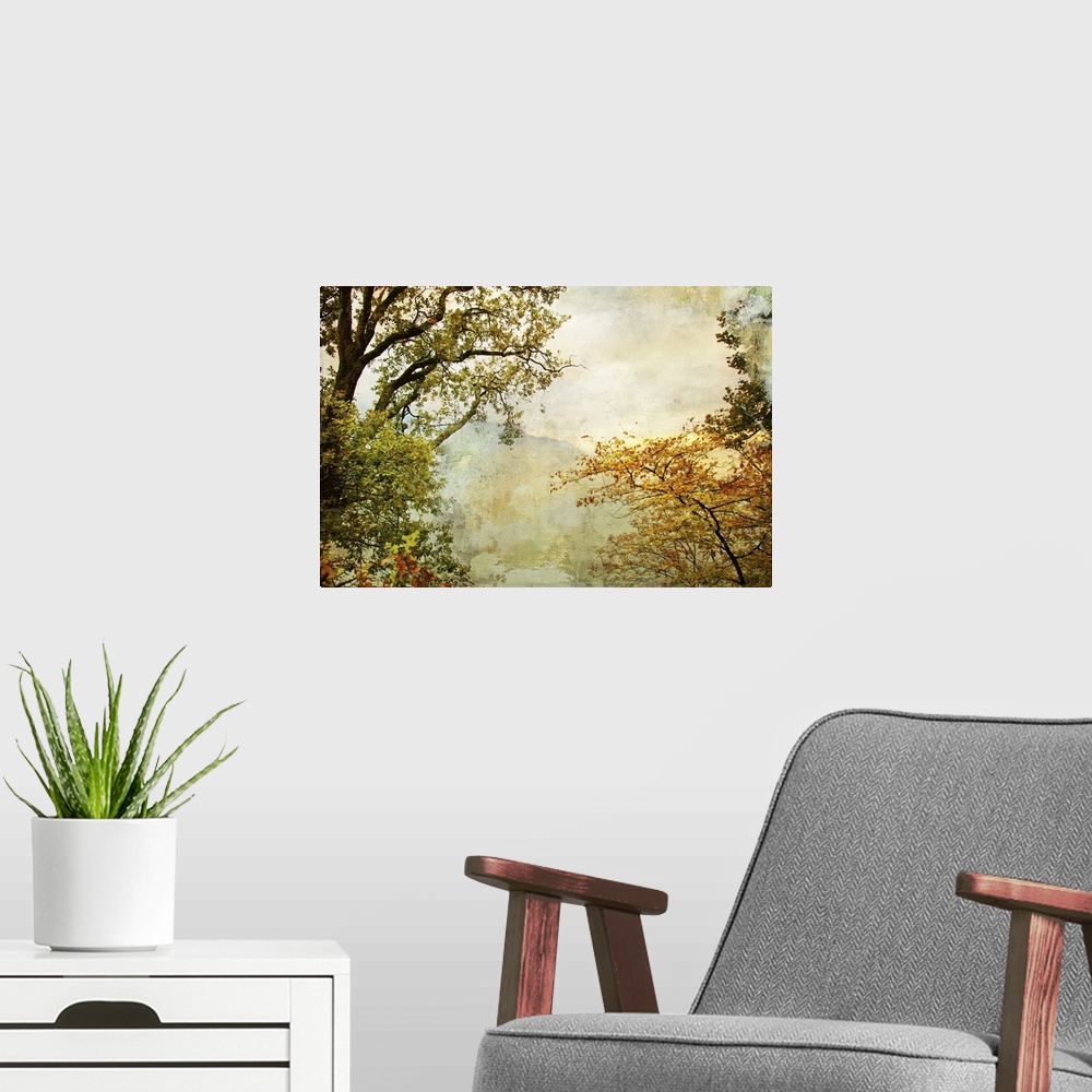 A modern room featuring Autumn - artwork in painting style.