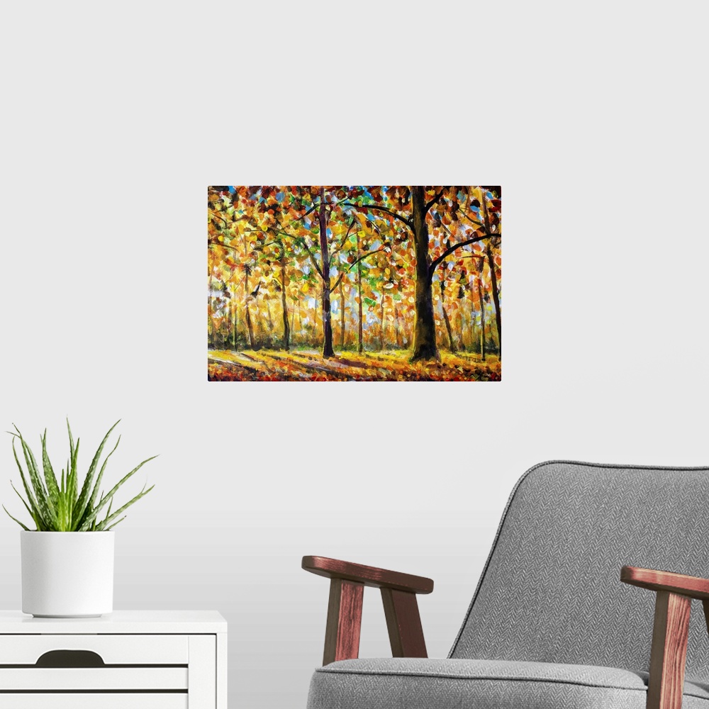 A modern room featuring Autumn forest landscape, originally an oil painting.