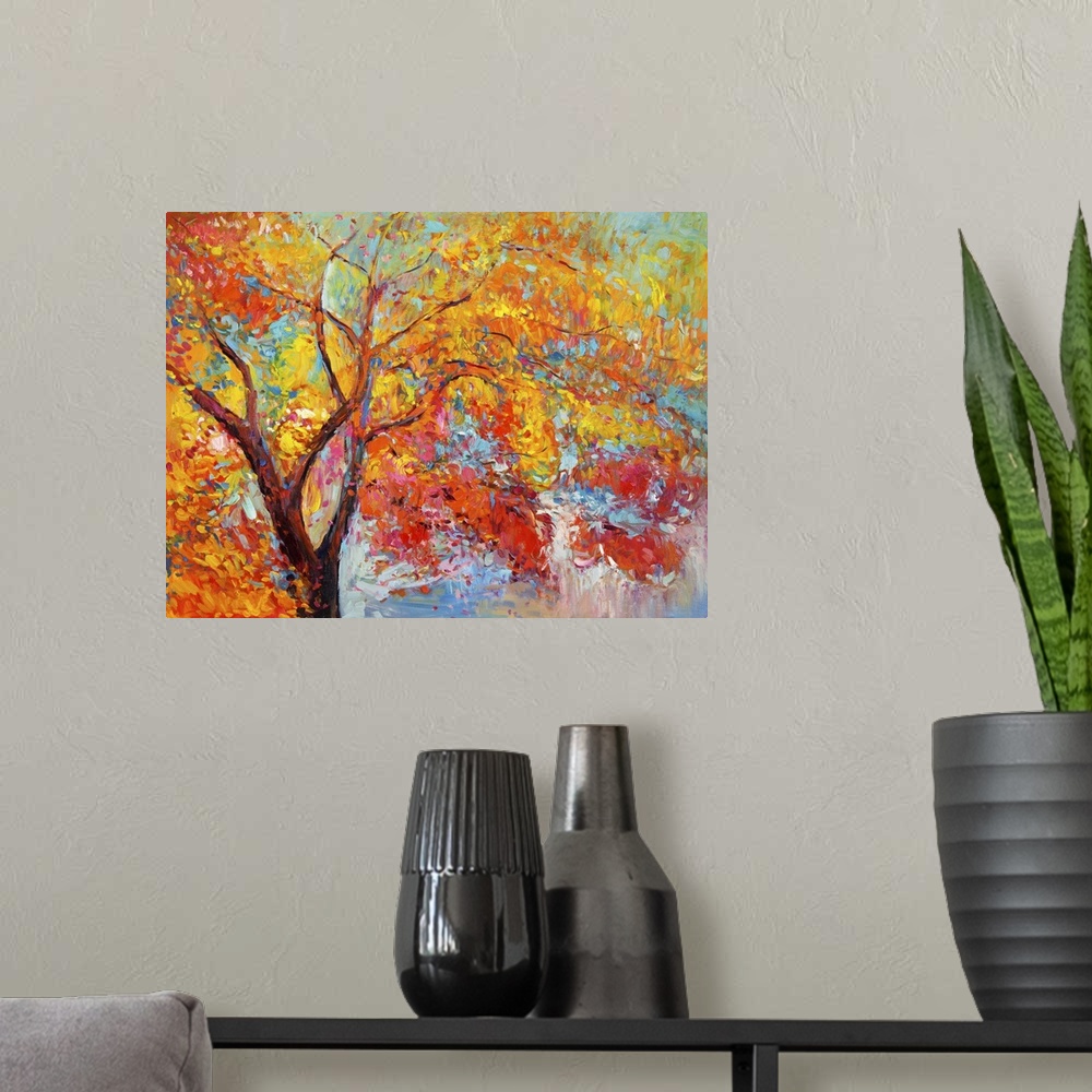A modern room featuring Originally an oil painting showing beautiful autumn tree on canvas. Modern impressionism.