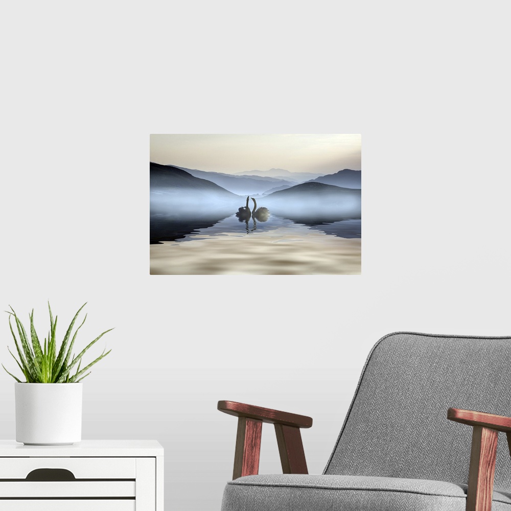A modern room featuring Beautiful romantic image of swans on a misty lake with mountains.