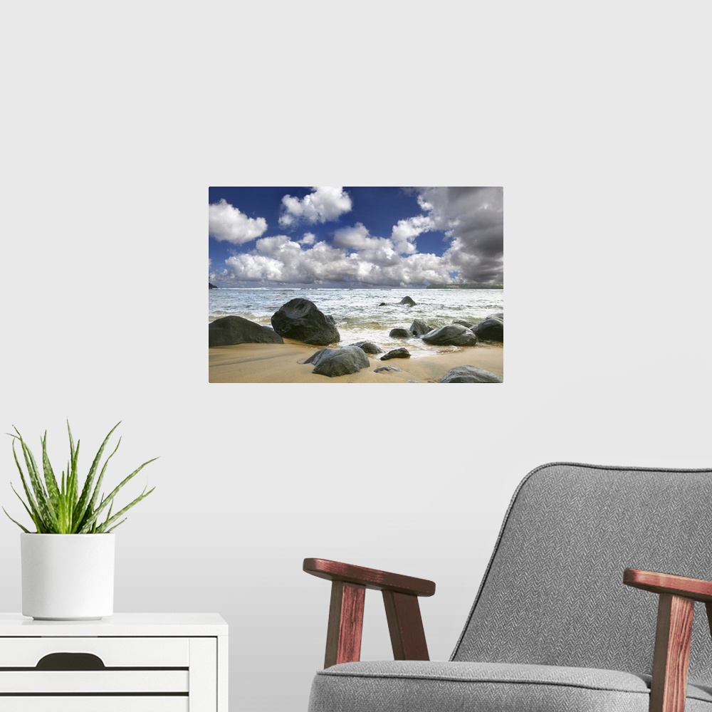 A modern room featuring Beautiful sky over the ocean waves at the beach.