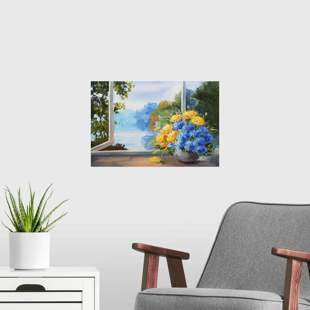 A modern room featuring Bouquet of spring flowers on a table near the window, originally an oil painting.